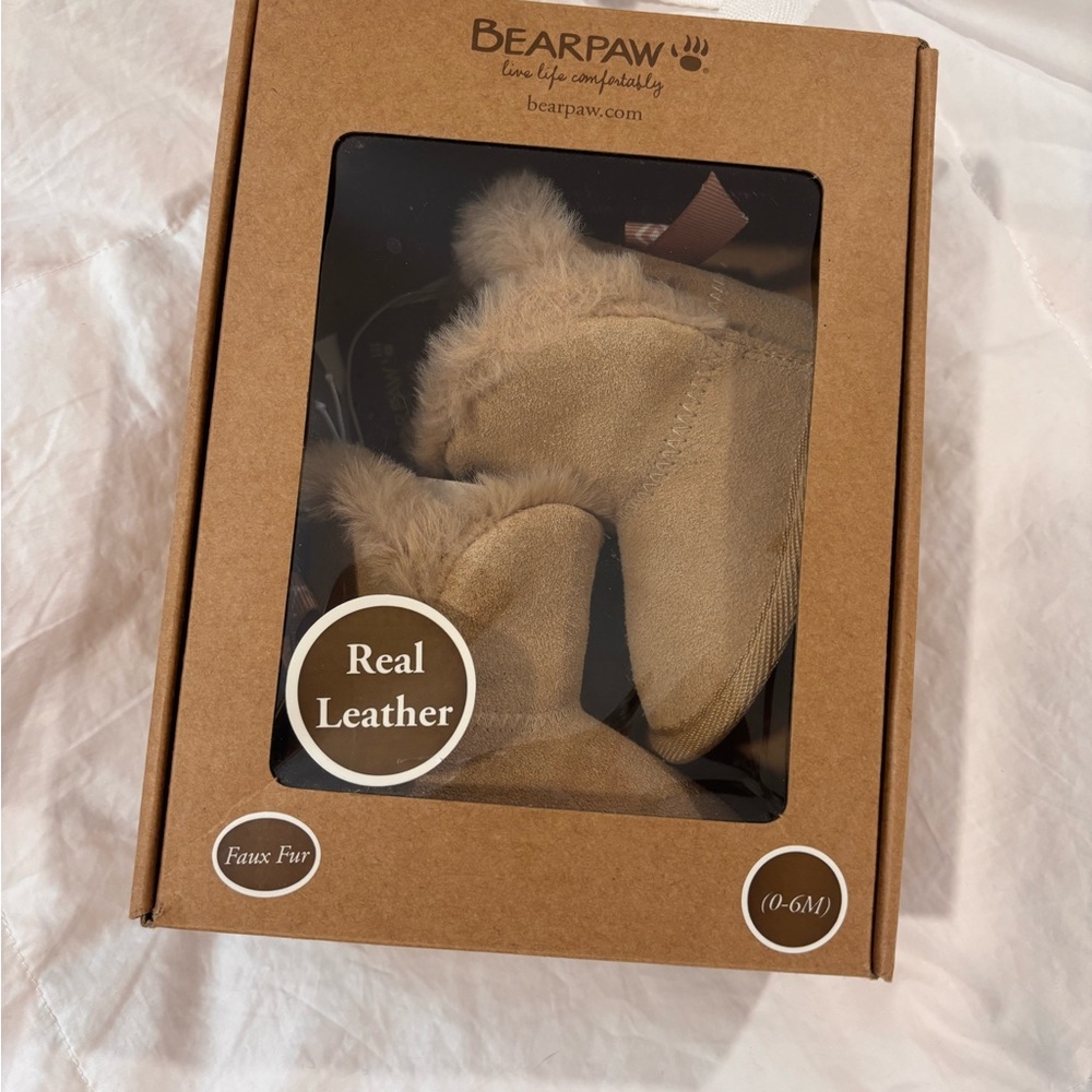 NIB: BearPaw Tan Baby Booties with Faux Fur
